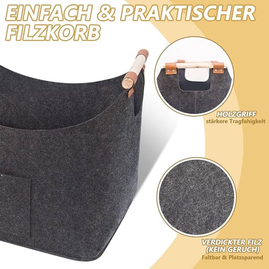 FINEW Houtmand voor haardhout, 2 stuks, 90 liter, met handschoenen, 60 x 40 x 40 cm, grote vilten mand voor het opbergen van brandhout, kranten, hout, speelgoed