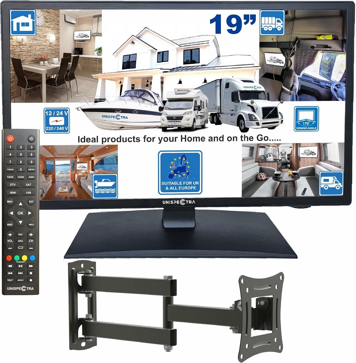 19 Inch HD Televisie 12V/230V met Ingebouwde Drievoudige Tuner, HDMI en USB - Geschikt voor Camper, Caravan, Vrachtwagen en Boot