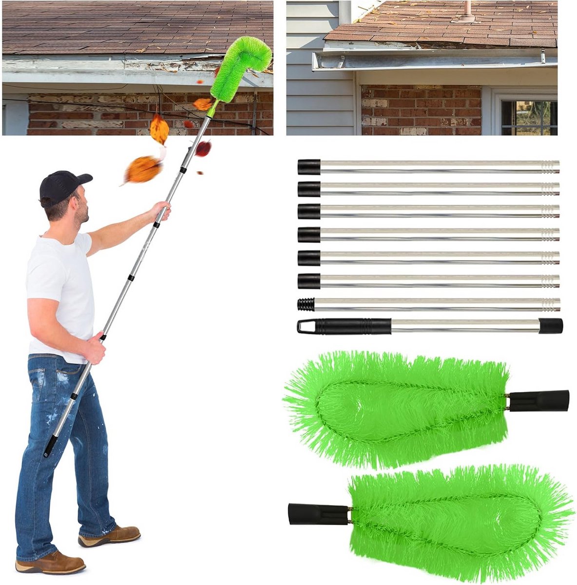 Goot Reiniger - Dakgoot Borstel - Dakgoten Schoonmaken - Telescopische Stang - 310 cm Lengte - Groen