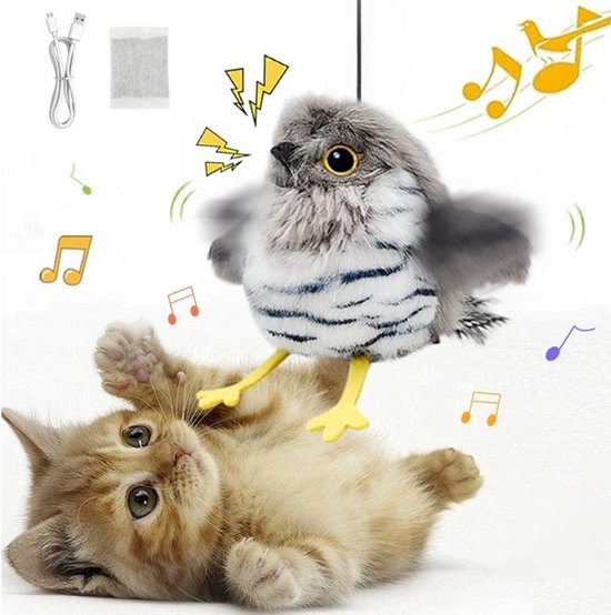 Oplaadbare Interactieve Vogel - Interactief Katten Speelgoed - Interactief Klapperende Vogel - Produceert Vogelgeluiden - USB Oplaadbaar - Wasbaar en Oplaadbaar - Oplaadbaar Pluche Vliegende Vogelspeelgoed voor Kittens en Honden - Automatisch
