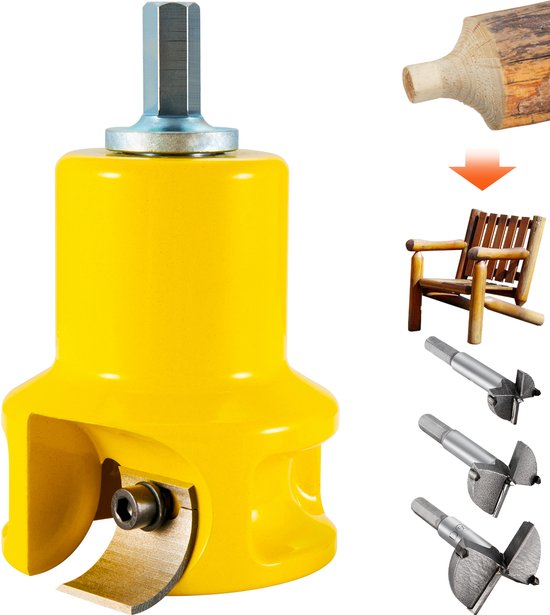 Gele penfrees met dubbele snijbladen, naast een voorbeeld van een houten stoel en drie verschillende booropzetstukken.