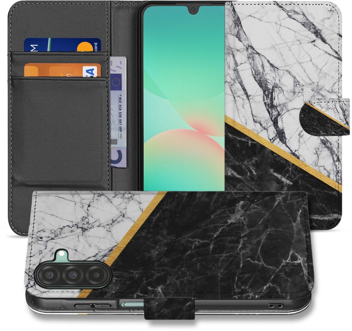 Samsung Galaxy A17 Bookcase Marmer Wit Zwart Gouden Lijn