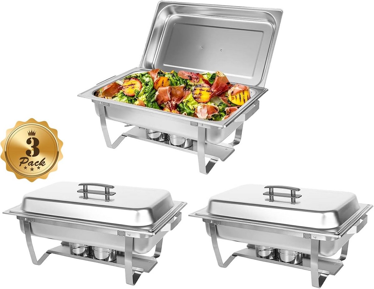 Set van 3 Buffethouders RVS Voedselwarmer met 3x 8L Pannen voor Catering