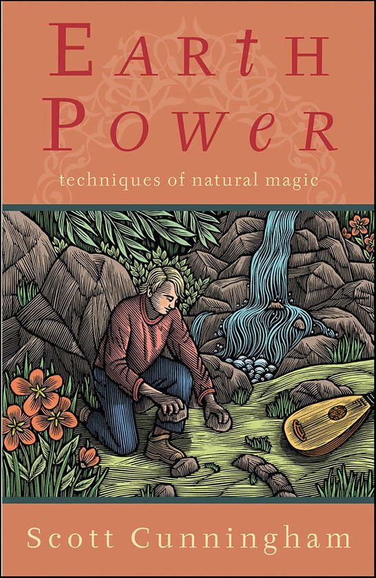 Boek "Earth Power - techniques of natural magic" van Scott Cunningham. Een man knielt bij een waterval in een bosrijke omgeving. Ook zichtbaar: een luit.