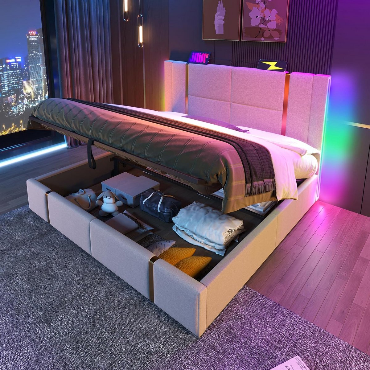 Gestoffeerd Tweepersoonsbed 180x200 met LED Verlichting, USB Opladen en Opbergruimte