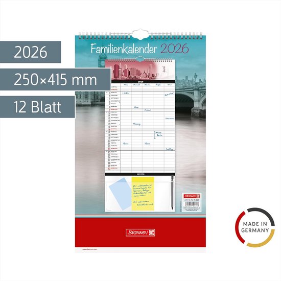 Wandkalender 2026, januari tot december, familieplanner