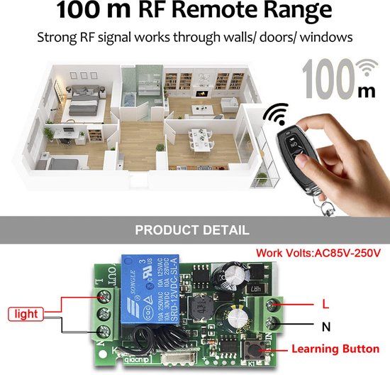 DC 12V Relais Afstandsbediening Schakelaar, Draadloze RF Afstandsbediening Schakelaar, 6CH Relais Module 433Mhz Zender Ontvanger Kit met Ontvanger voor Garage Deuropeners, LED Verlichting