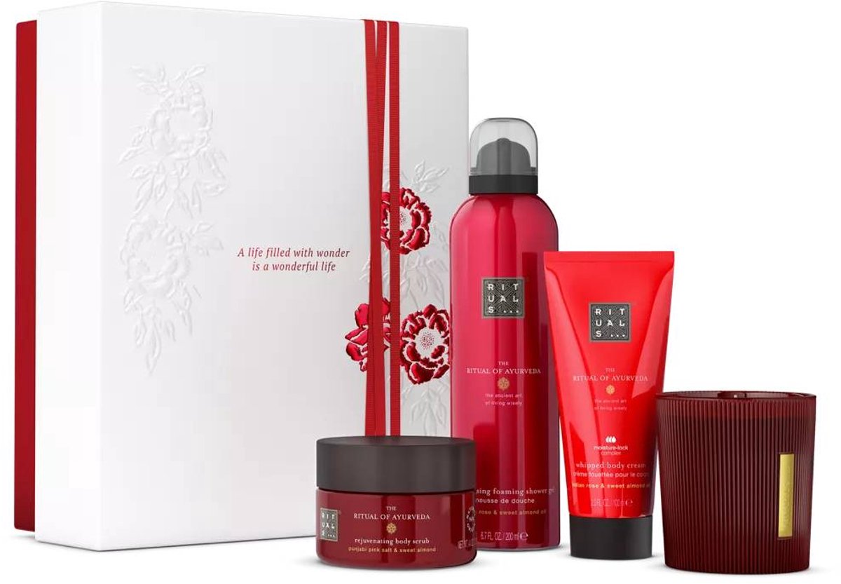 Rituals - Geschenkset voor Vrouwen - 4 Producten - Douchegel 200 ml - Body Scrub 125 gram - Bodycrème 100 ml - Geurkaars 140 gram - Giftset Vrouw - Cadeaudoos - Geschenkdoos - Doucheschuim - Douche - Badschuim - Douchefoam - Ayurveda - Geurkaarsen