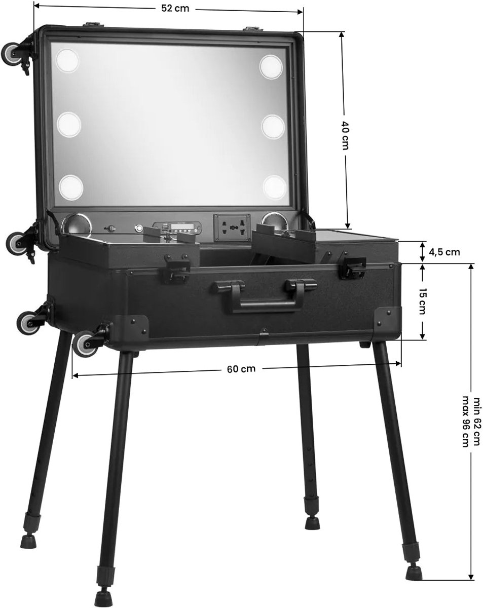 Mobiel Make-up Werkstation op Wielen met Verlichte Spiegel, Speakers, Bluetooth & Verstelbare Poten – Zwart
