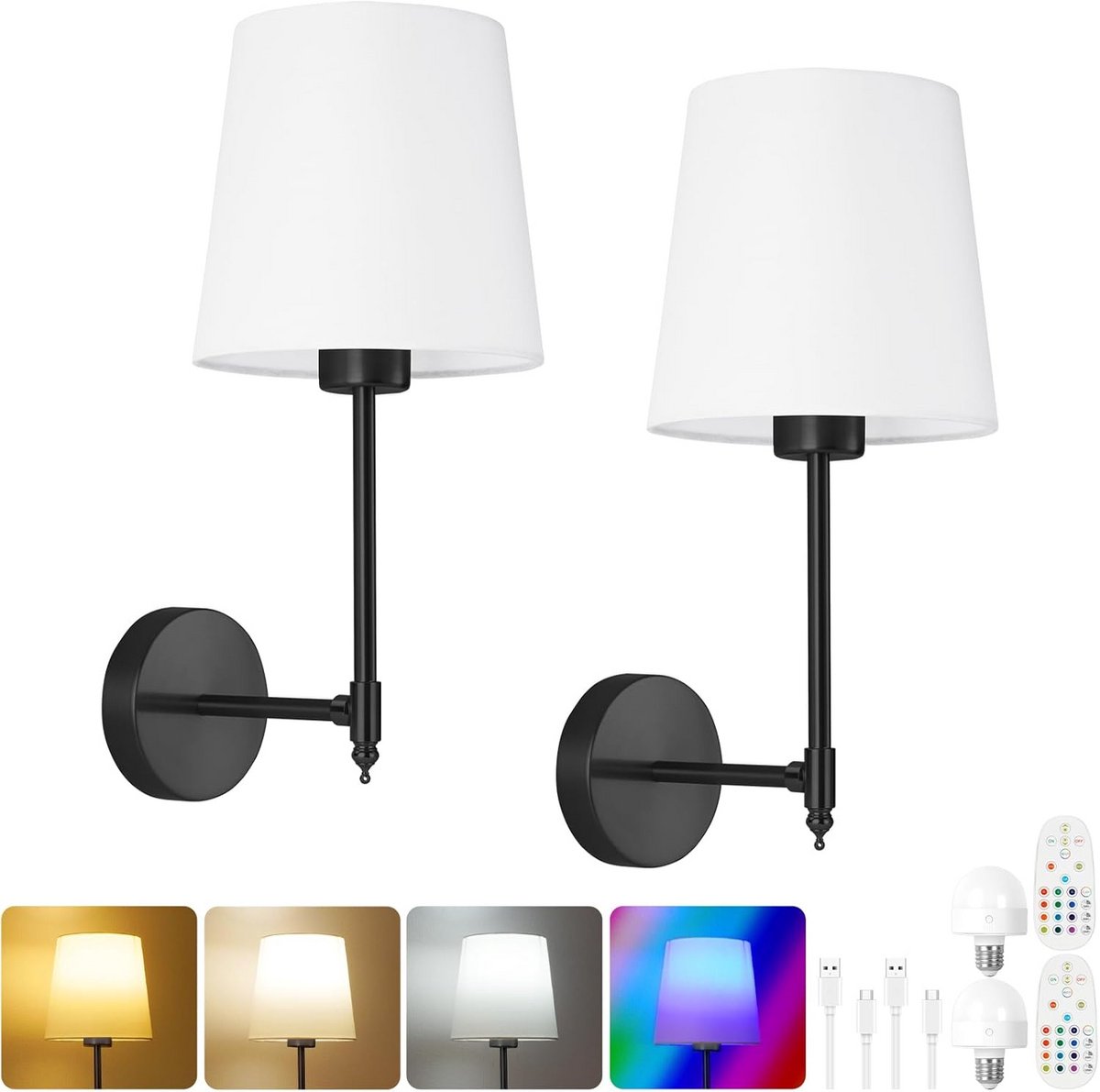 Draadloze Wandlamp 2-Pack - Oplaadbare, Dimbare Muurlamp met Afstandsbediening - 3 Kleurtemperaturen, 12 RGB Kleuren, Timerfunctie - Geschikt voor Woonkamer & Slaapkamer