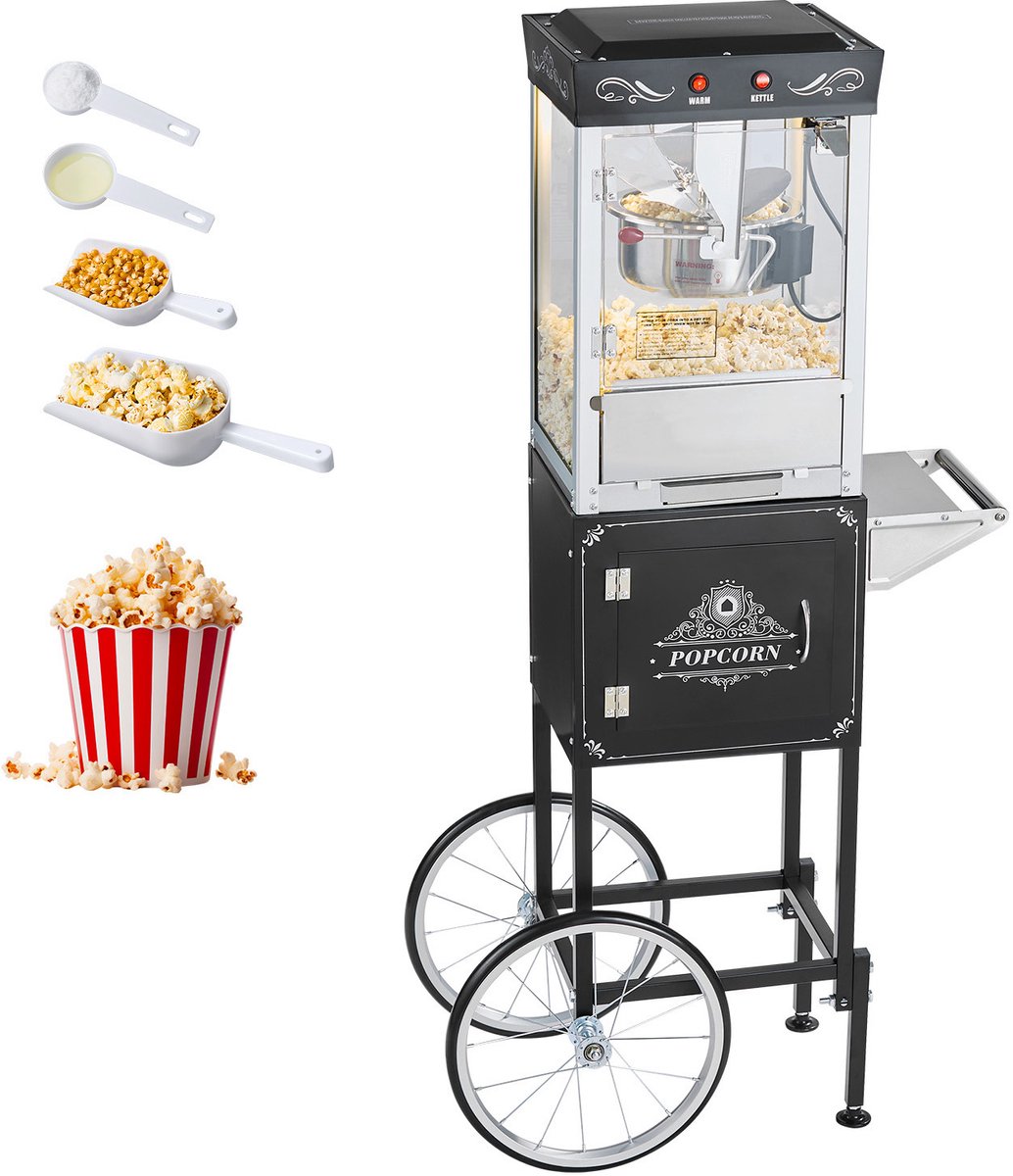 Popcornmachine met Kar 800w, 48 Kopjes Capaciteit, Zwart