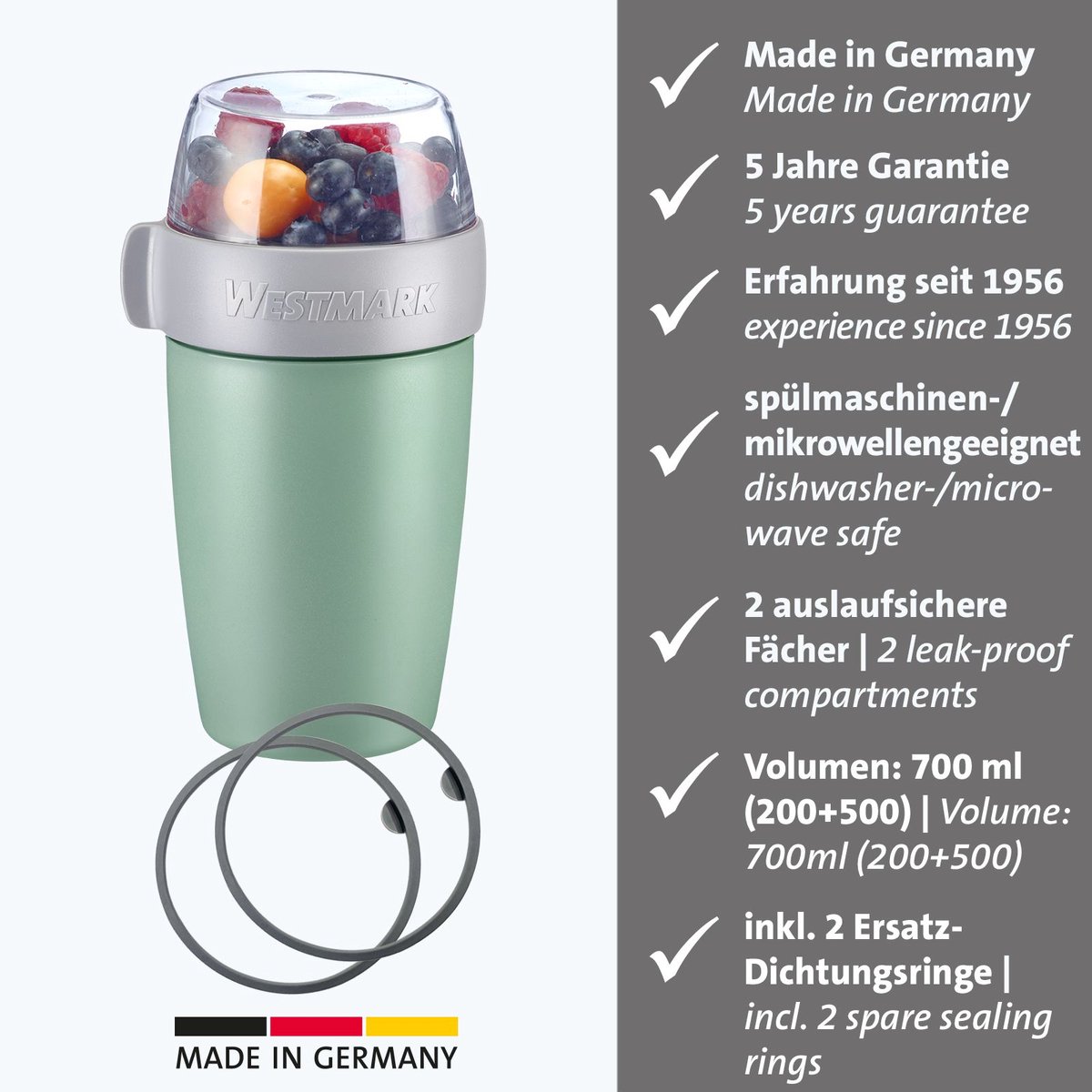 Westmark Muesli Cup/Lunchpot, met 2 lekvrije vakken: 200 ml + 500 ml, inclusief 2 reserve afdichtringen, plastic, van nature BPA-vrij, mintgroen/grijs/transparant, 528522EM