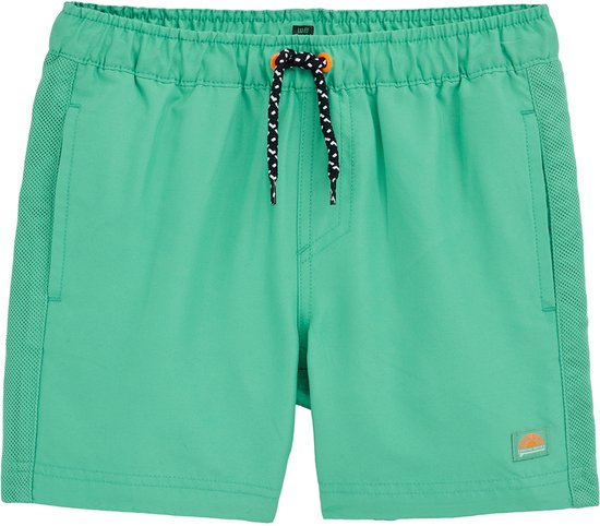 Groene zwemshort met oranje applicatie op de pijp, mesh zijpanelen en trekkoord.