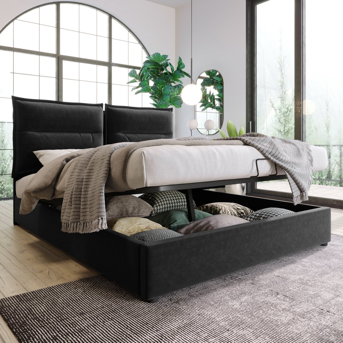 OKWISH Gestoffeerd Bed 140x200cm - Hydraulisch Opklapbaar Met Verstelbaar Hoofdeinde - Lattenbodem en Grote Opbergruimte - Fluweel - Zwart - Zonder matras