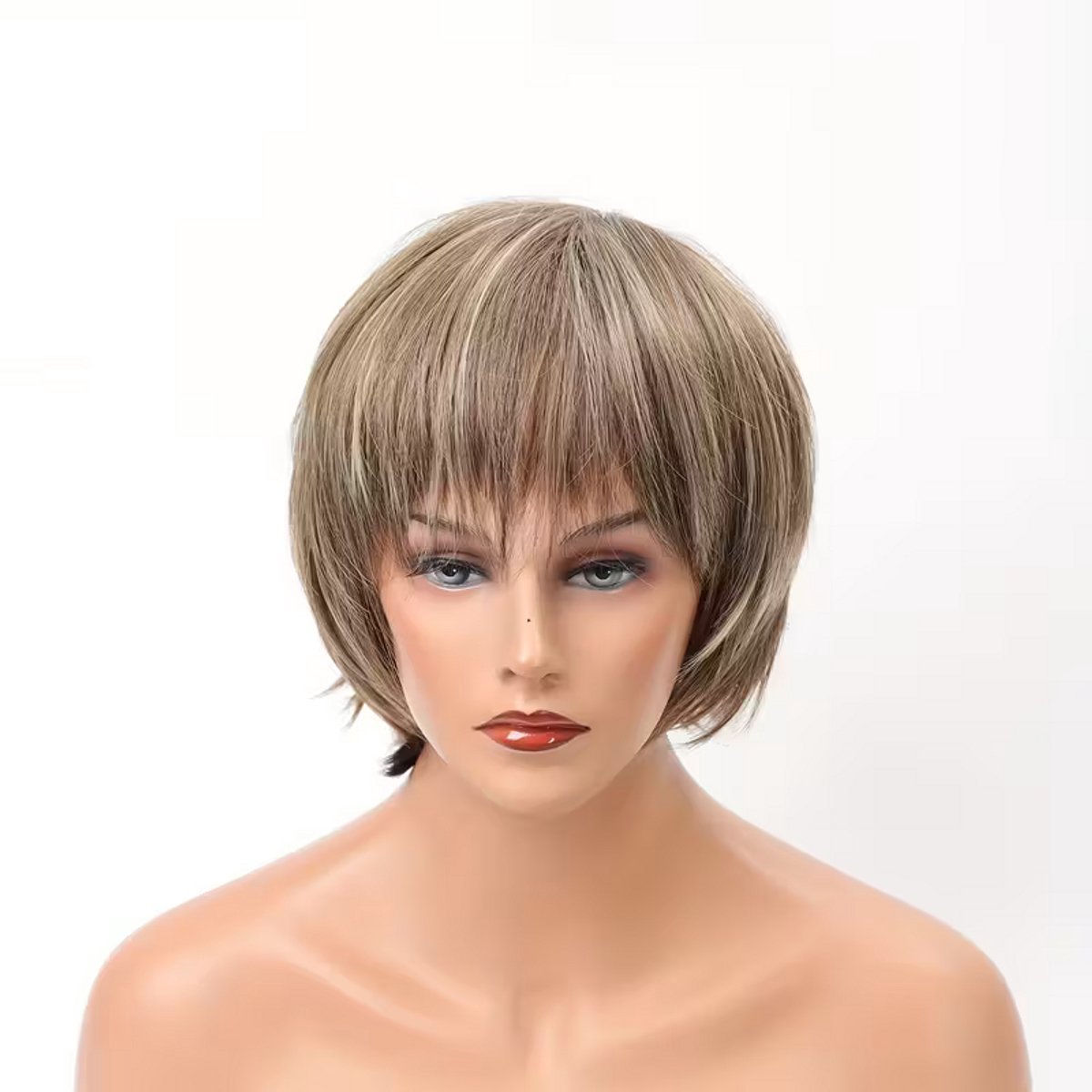 Daity Een bruine pixie-pruik met highlights, geschikt voor vrouwen, met pony, korte, steile synthetische pruik (lichtbruin).