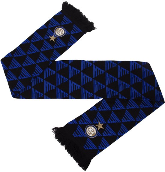 Zwarte sjaal met blauwe geometrische print en Inter Milan logo's met sterren.
