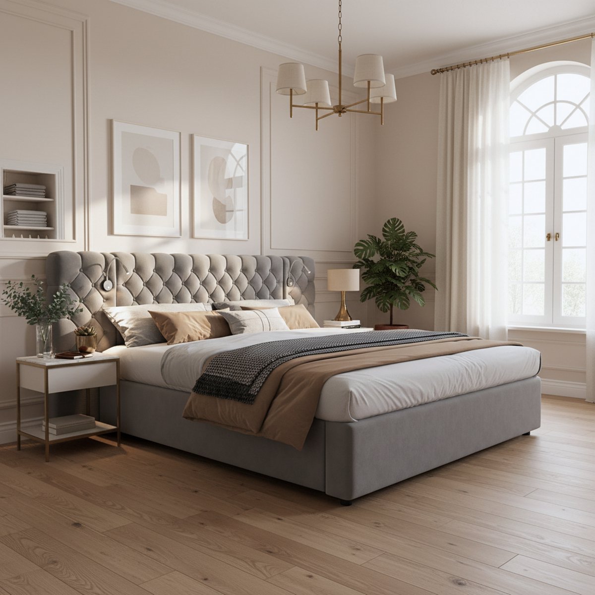 Tweepersoonsbed - 160x200 cm - Gestoffeerd Bed met Led en Berging - Hydraulisch - Fluweel - Grijs