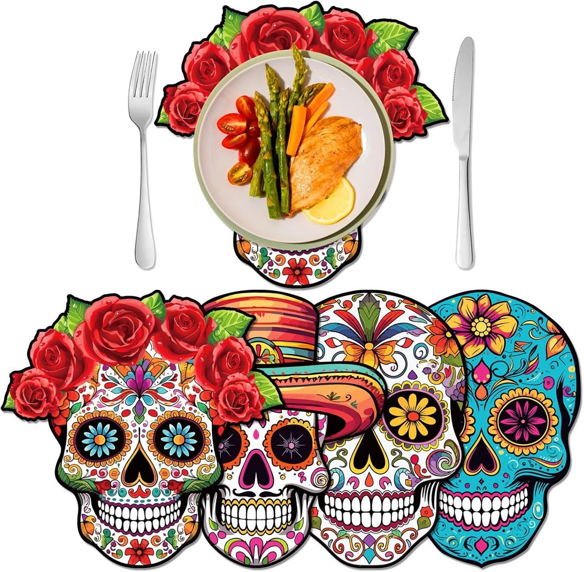 Set van 12 Papieren Placemats met Doodshoofd & Bloemen - Tafeldecoratie 38x38 cm