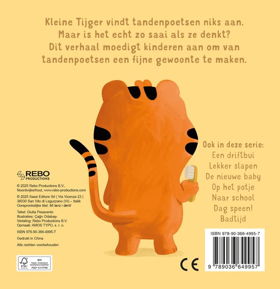 Een tijger met tandenborstel, oranje met zwarte strepen, houdt een tandenborstel vast.