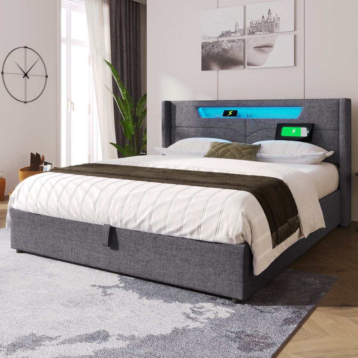 STILVORA Gestoffeerd bed 140x200 cm – Tweepersoonsbed met LED & USB-C oplaadpoort – Opbergruimte met gasveer – Linnen bekleding – Grijs – Met matras