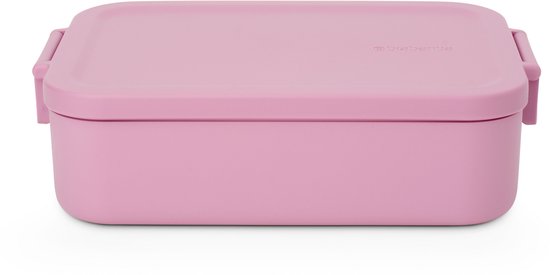 Roze lunchbox met paarse deksel en paarse sluitclips.