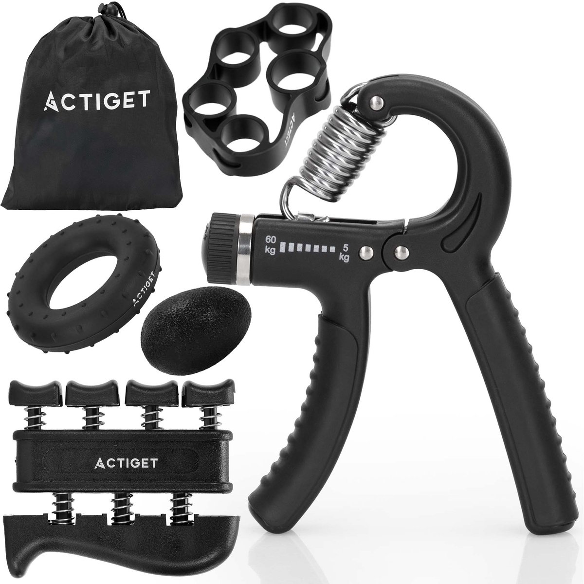 Actiget® Handtrainer Set | Handknijper | Zwart/Grijs | 10- 40 Kg | 5 Delig