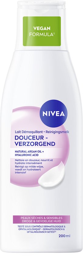 Witte fles NIVEA Douceur Verzorgend reinigingsmelk met roze druppel en crème. Vegan formule. Voor droge & gevoelige huid.