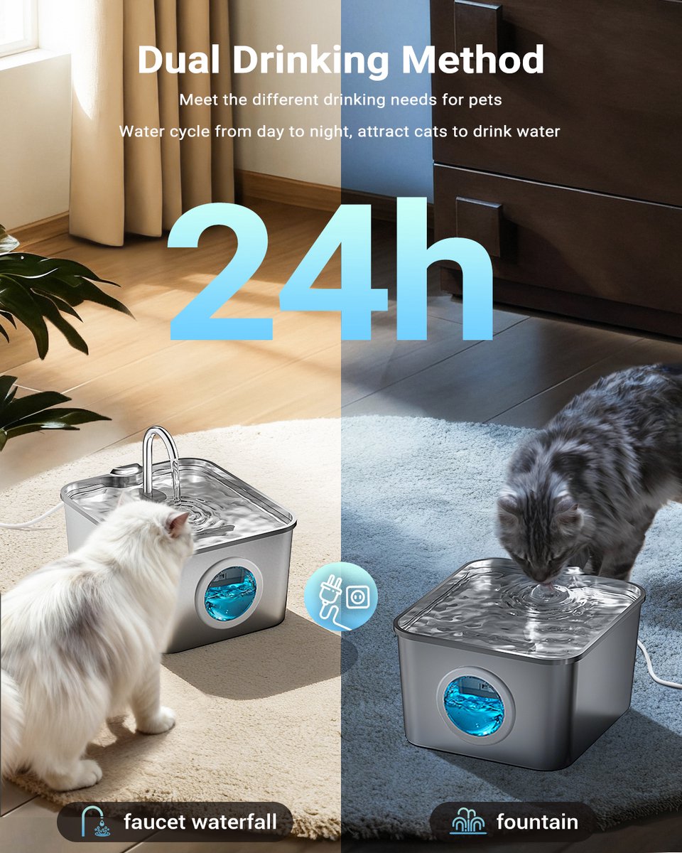 BalimoPet Drinkfontein Kat en Hond -Roestvrijstalen pallet - Kattenfontein 2.5L - Waterdispenser Met LED - Incl. 6 Filters en cleaning tool + 6 sponzen - Fluisterstil thumbnail 3