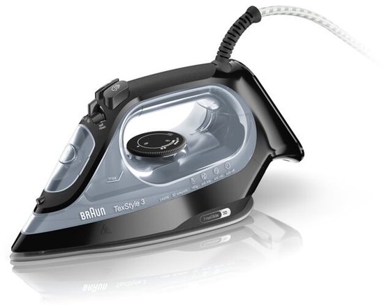 Zwart en grijs Braun TexStyle 3 stoomstrijkijzer met transparante watertank, bedieningselementen en zilveren strijkzool.