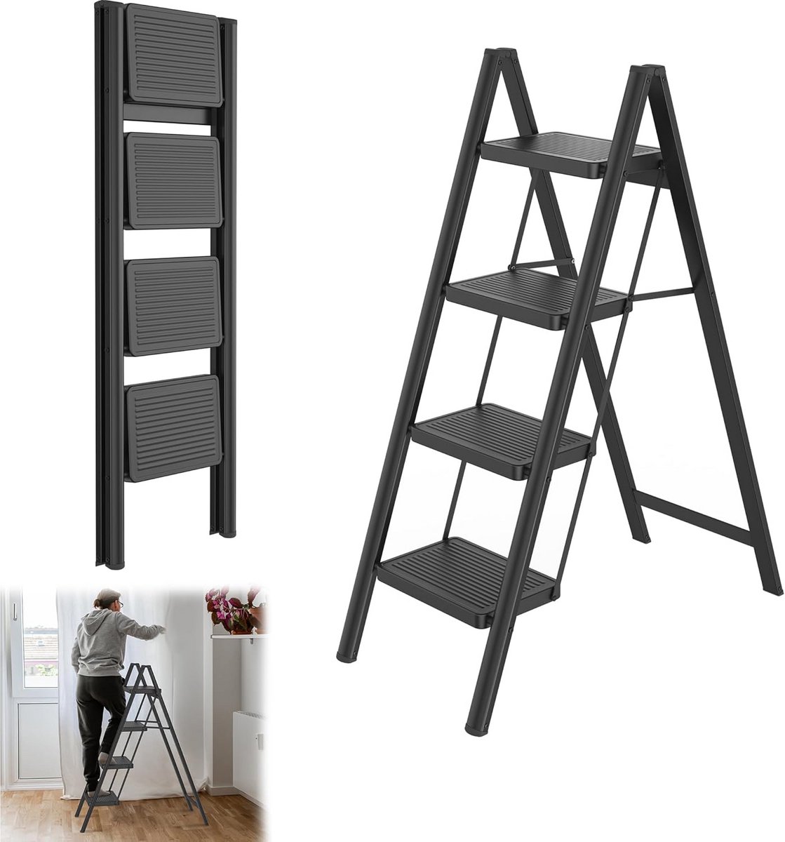 Inklapbare Trapladder met Antislip Pedalen – Multifunctioneel Huishoudelijk Opstapje tot 250 kg – Zwart