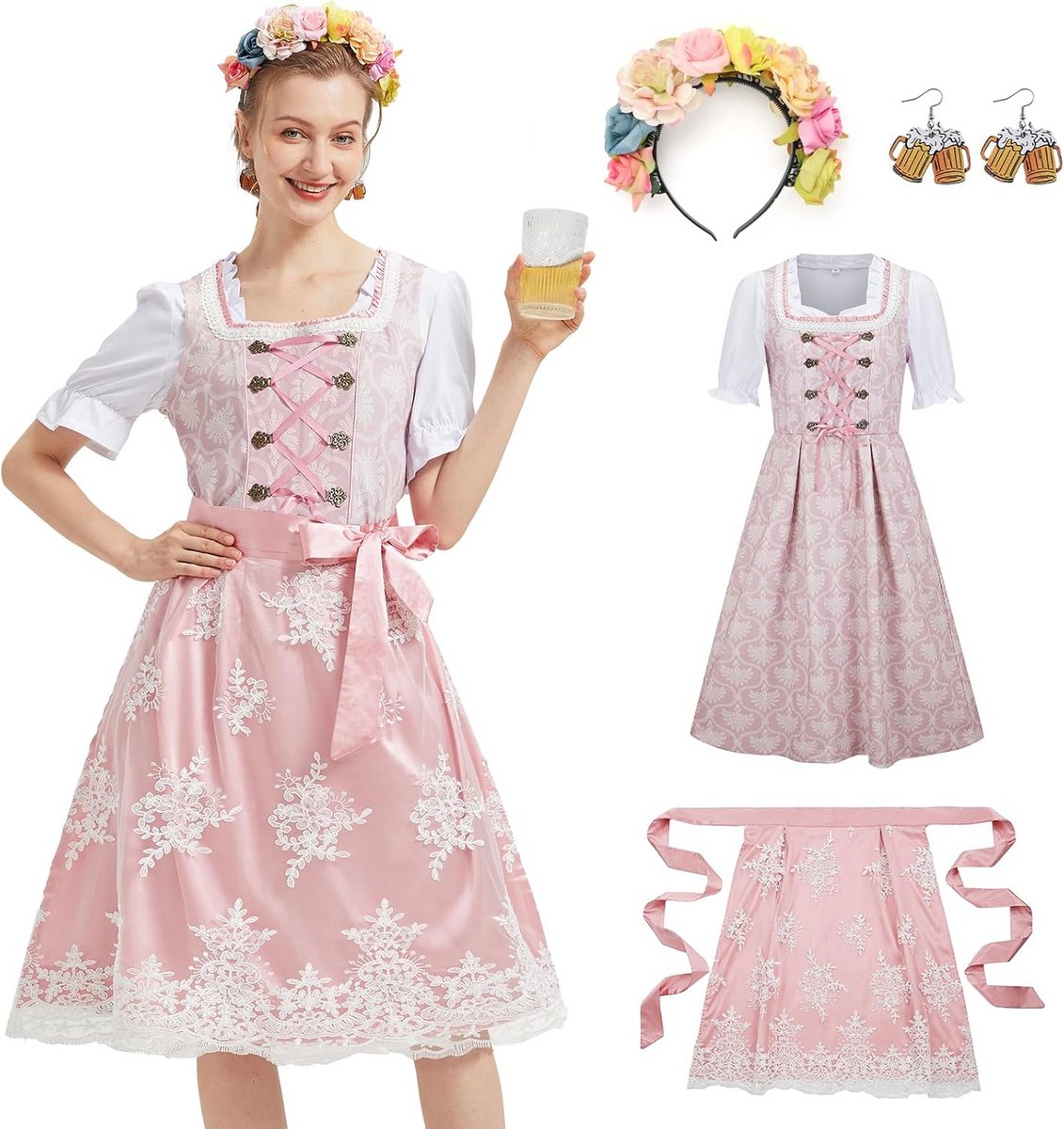 5-delige Dirndl Jurk Roze voor Dames - Oktoberfest Outfit met Blouse en Schort