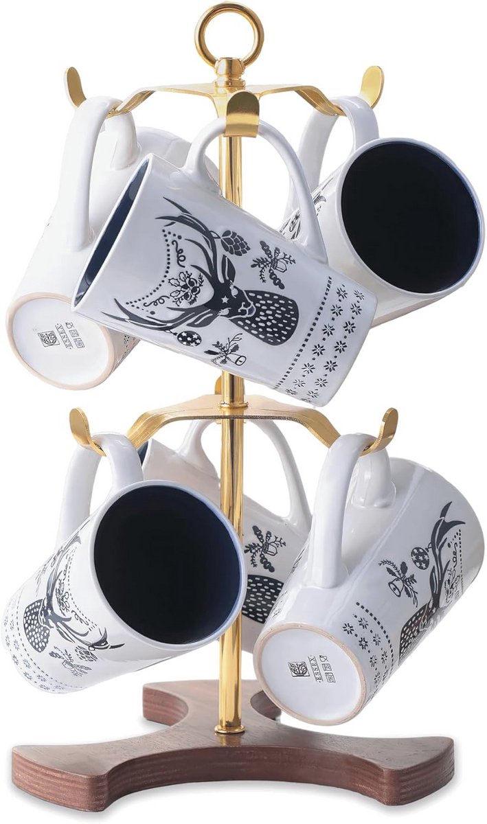 Mokhouder voor Aanrecht | 2-laags Koffiemok Rek voor 6 Grote Mokken | Ruimtebesparende Metalen Stand met Massief Houten Basis | Organiser voor Aanrecht en Koffiezaak Accessoires