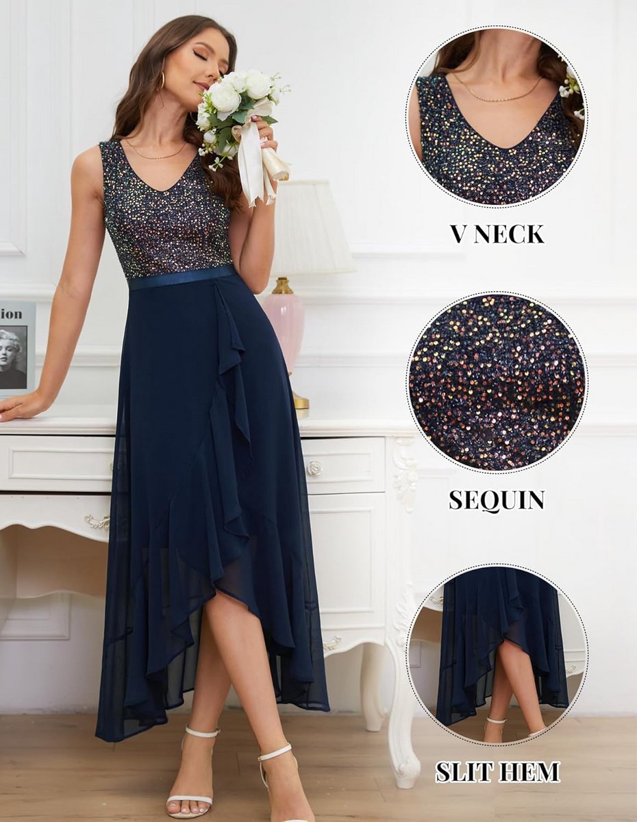 Lange Elegante Avondjurk met Glitter en V-hals voor Feest en Bruiloft