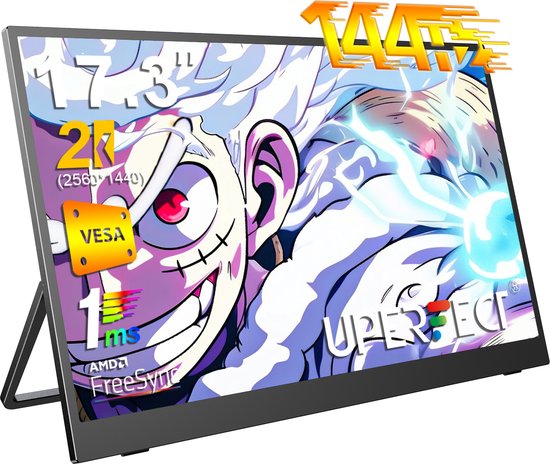 Moniteur portable UPERFECT 17,3" Moniteur de Gaming 2K 144 Hz IPS 100 % sRGB avec support VESA pour PS5/ PC/Streaming avec Dual support USB-C/VESA, pour ordinateur portable/ Switch/MacBook (support VESA)