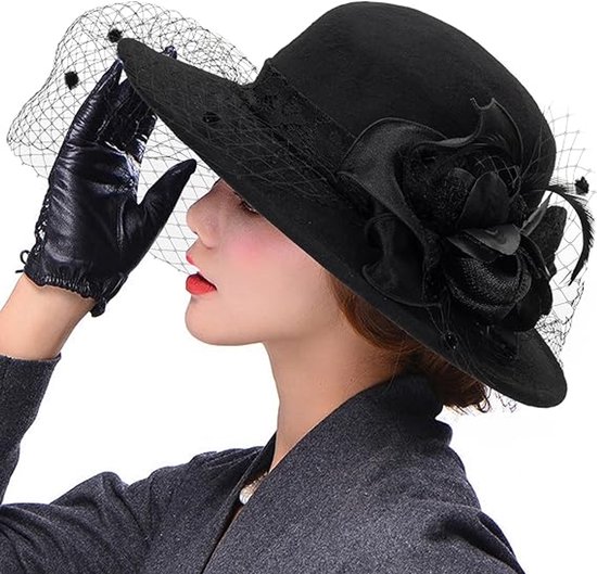 1 Chapeau pour femmes en feutre avec imprimé floral - Avec voile - Taille M - Convient pour un tour de tête de 56-58 cm - Chapeau en feutre doux - Chapeau de cérémonie pour l'église - Accessoire de tête élégant vintage - Zwart