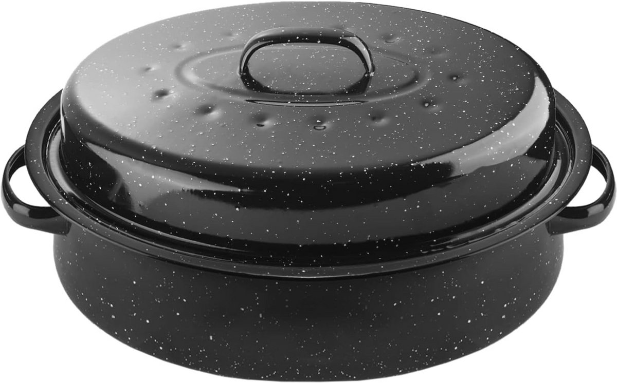 Ovale Braadpan met Deksel - 18 Inch Zwarte Emaille en Staal - Ideaal voor Turkije en Kip