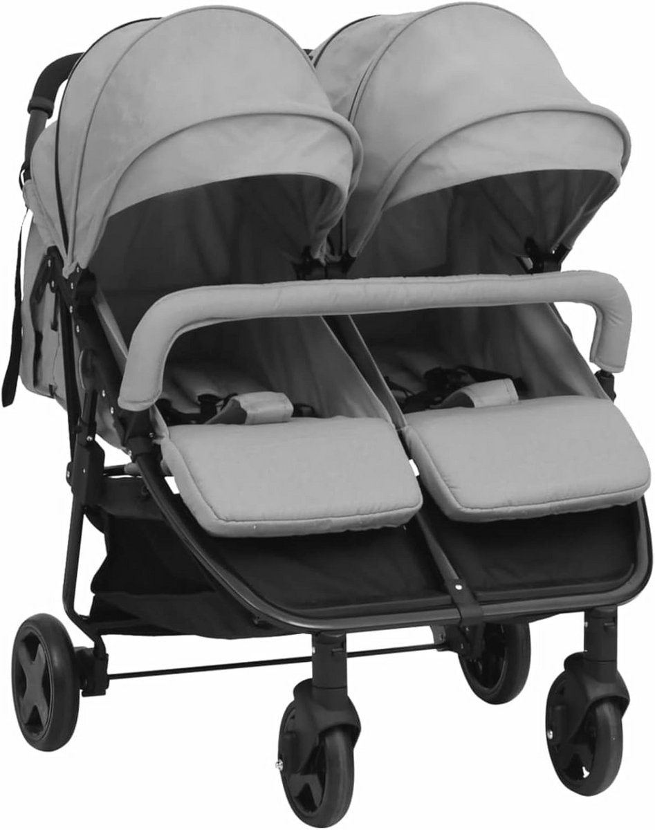 Dubbele kinderwagen, inklapbare buggy voor twee kinderen, lichtgrijs en zwart