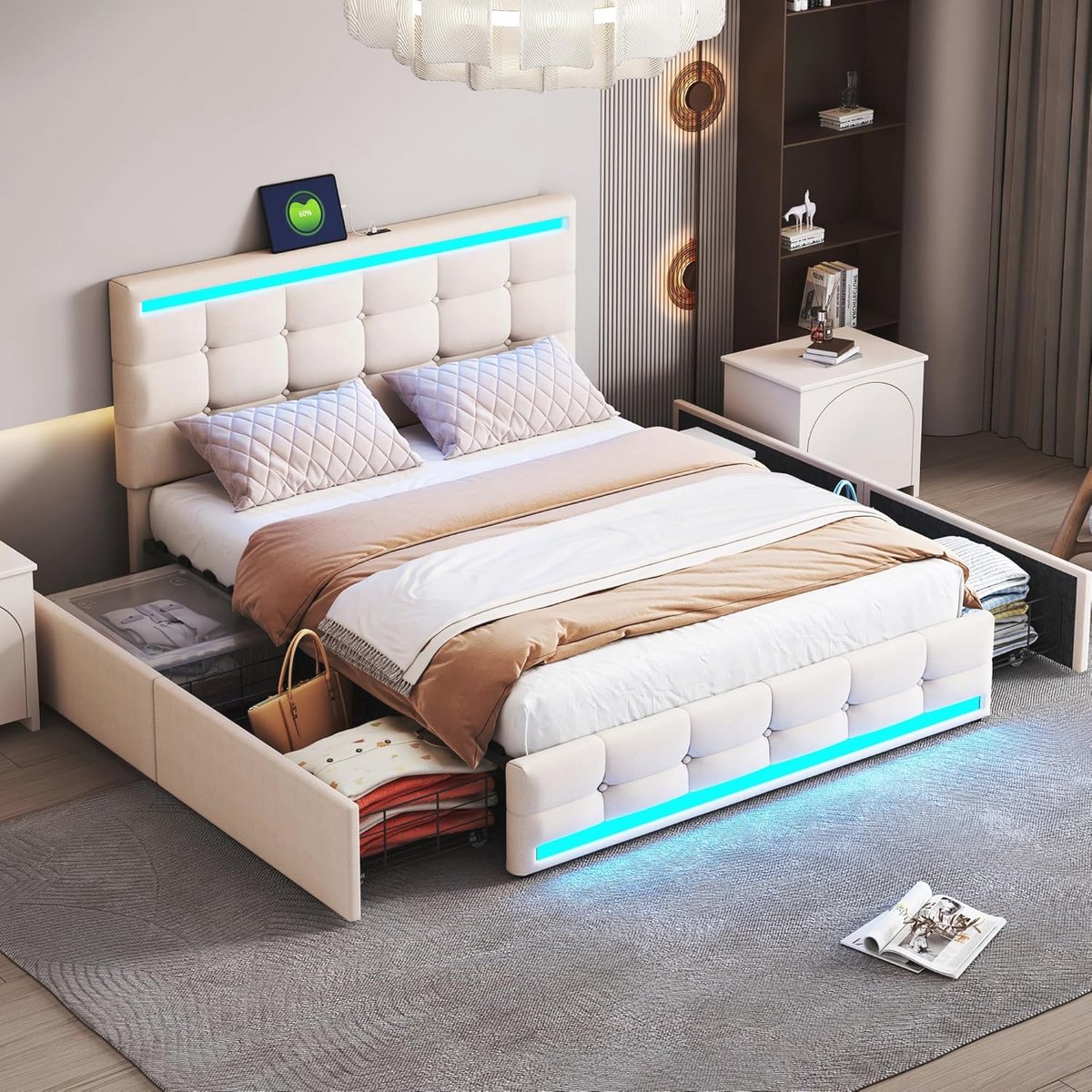 Gestoffeerd LED Bed met 4 Laden en USB Oplaadstations - 140 x 200 cm