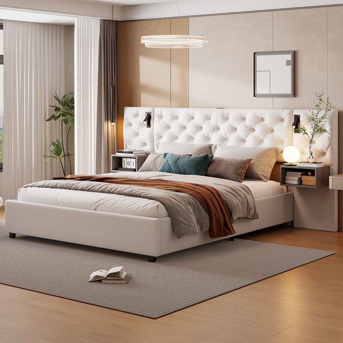 Gestoffeerd tweepersoonsbed 160 x 200 cm, hydraulisch bed met 2 x nachtkastjes, hydraulisch opbergbed, LED-hoofdeinde met leeslamp en USB-oplaadfunctie en lattenbodem, beige fluweel, zonder matras (gesplitst voor 3 pakketten voor verzending)