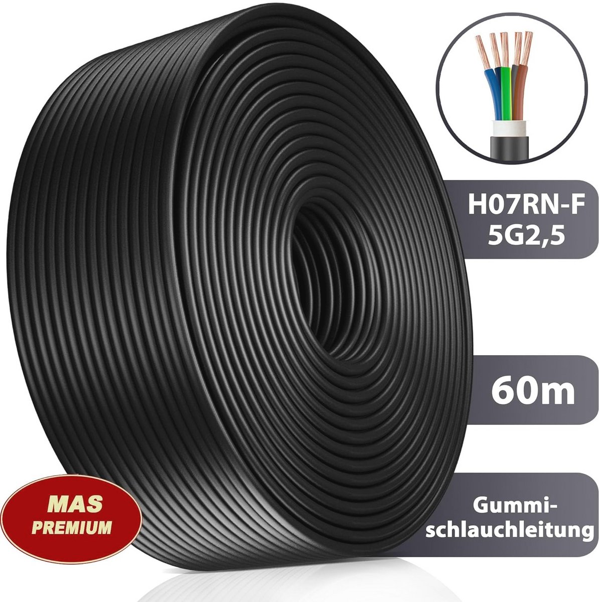 Rubberen slang energiekabel voor zware apparaten - Flexibele kabel 5G2,5 mm² (Van 5 tot 90 m)