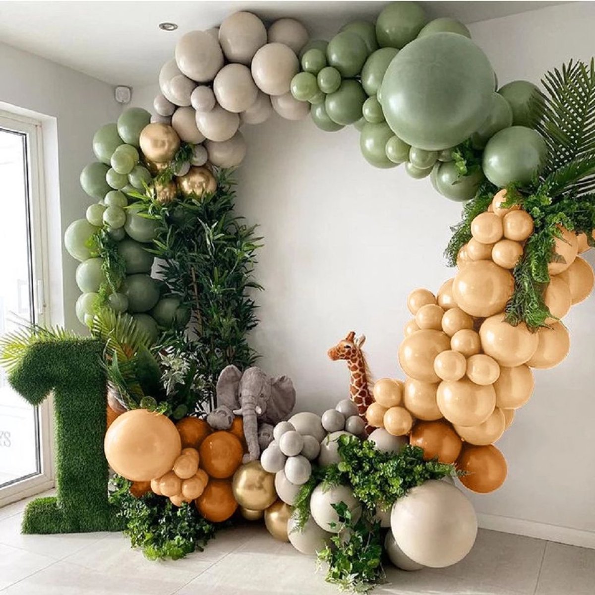 Ballonnenboog Set – 156-delig – Jungle / Safari Babyshower Thema – Groen, Apricot & Grijs – Inclusief Ketting & Plakdots