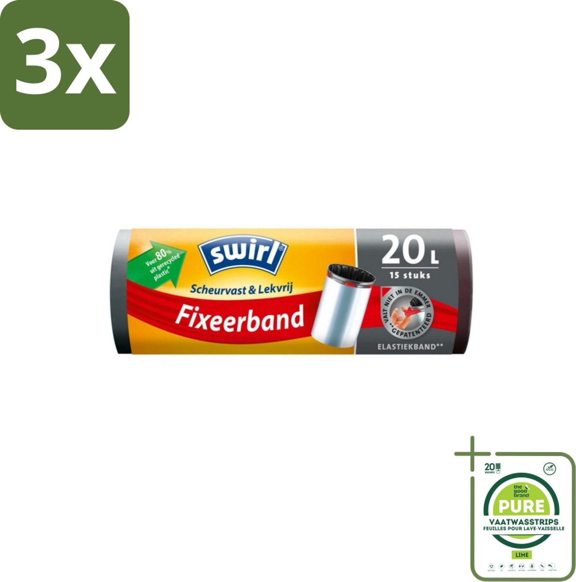 3 x Swirl – Pedaalemmerzakken – 20 L – Fixeerband – 15 zakken - Grootverpakking - Emmerzak - Emmerzak 20 L - Emmerzak Met Fixeerband - Emmerzak Met Elastische Band - Emmerzak Waterdicht