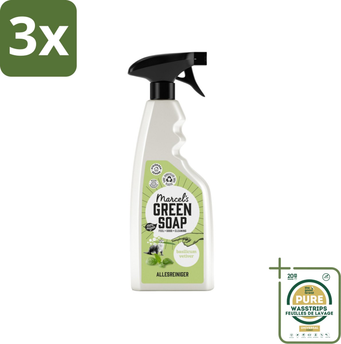 3 x Marcel's Green Soap - Allesreiniger Spray - Basilicum & Vetiver gras - Natuurlijk & effectief - 500 ml - Grootverpakking - Allesreiniger Spray - Natuurlijke Reiniger - Vegan Reiniger - Frisse Geur - Vuil Verwijderen