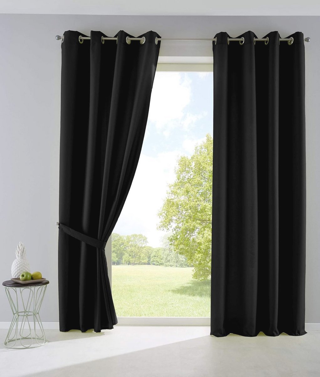 Set van 2 ondoorzichtige gordijnen met oogjes en embrasses - 145 x 140 cm, zwart