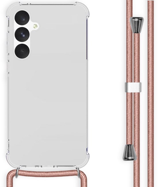Arrière d'une coque de smartphone transparente avec trois découpes pour appareil photo et un cordon rose doré.