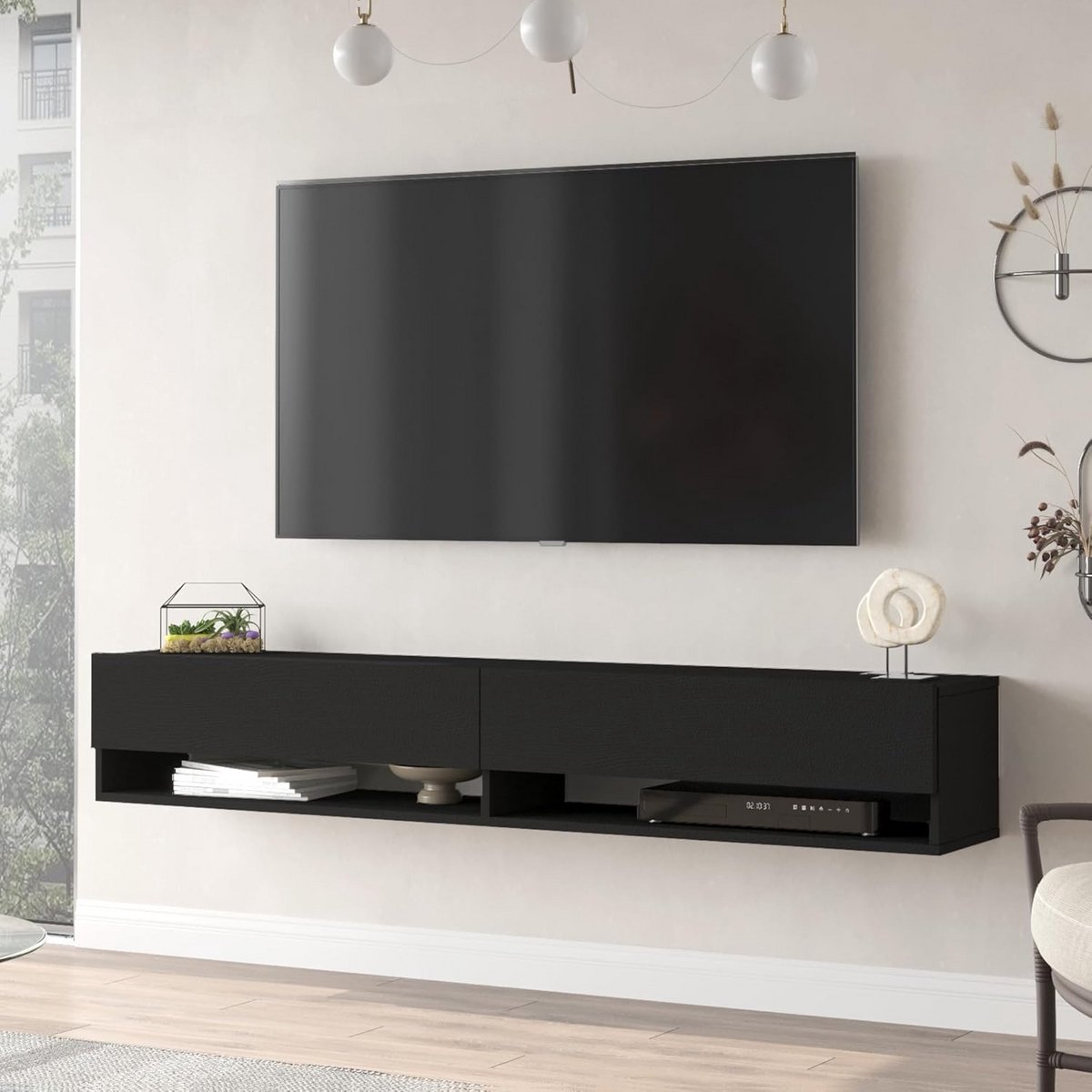 TV-meubel met 2 opbergvakken - Stijlvol zwart design 180x31,5x29,5cm