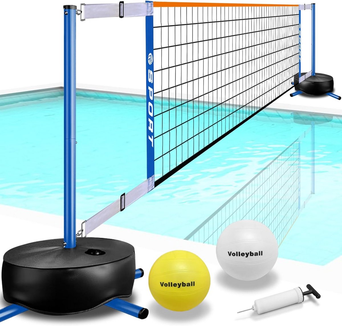 Draagbaar Volleybal Net voor Binnen- en Buitenzwembaden - Verstelbare Lengte 15-25FT met 2 Water Volleyballen en Heavy Duty Base