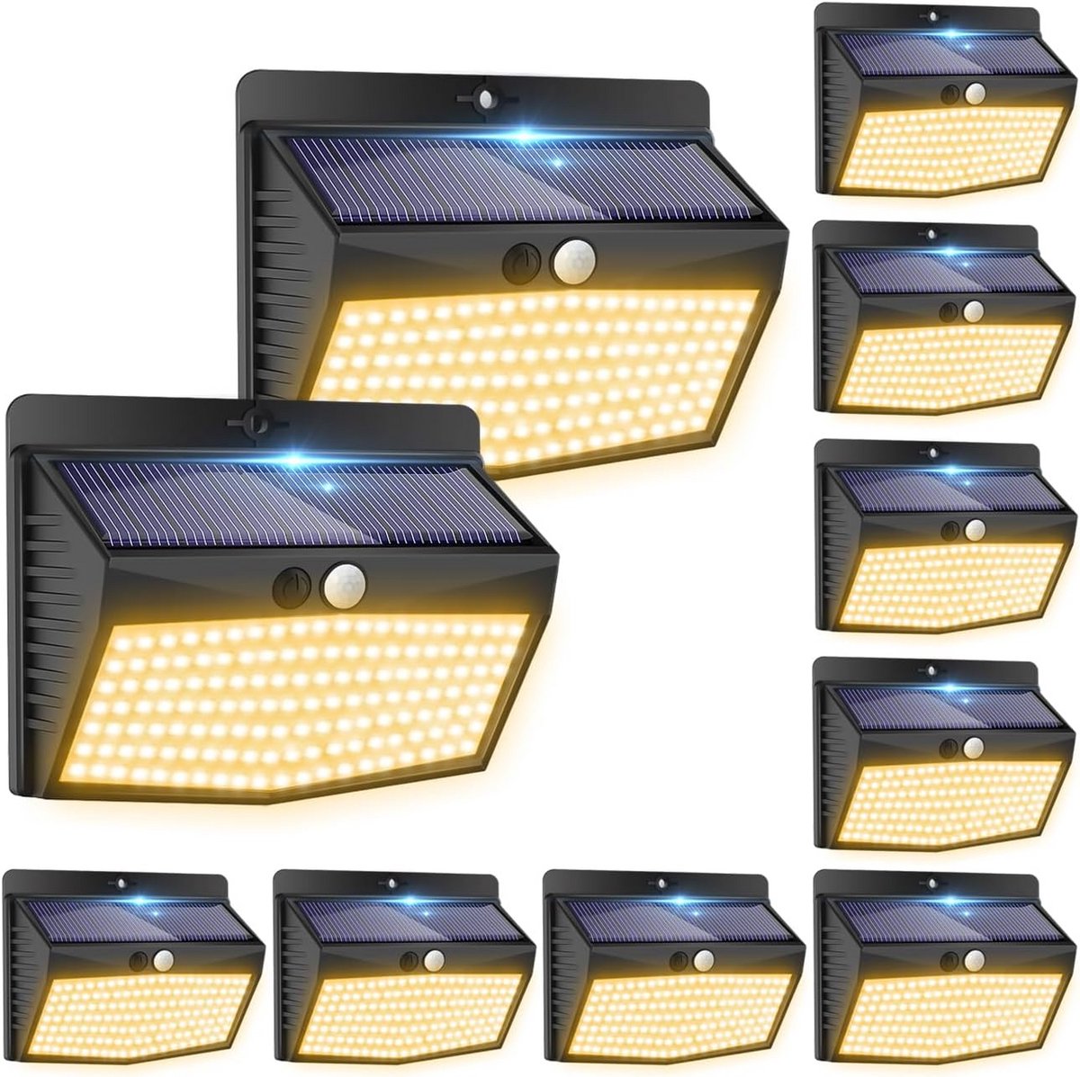 10 x Solar LED Buitenverlichting met Bewegingssensor - 138 LED, Warm Wit, IP65 Waterdicht, 3 Modi voor Muurverlichting