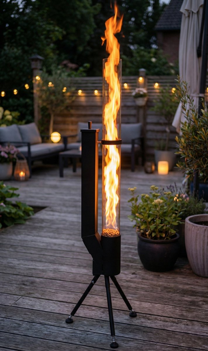 Outdoor Trend 2026 | Wolff Mount Pellet Terrasverwarmer Klein Model – Verticale Vlam, Sfeerlicht en Pellet Warmte – Compacte Pelletkachel voor Terras, Balkon en Tuin - Hoogte: 150 cm - Glasbuis 95 cm – foto 6