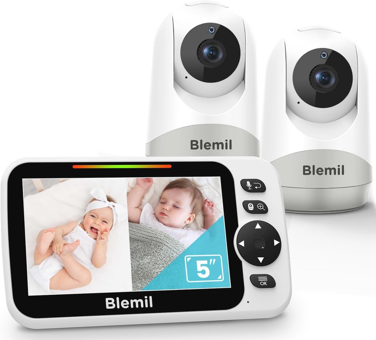 Babyfoon met 2 camera's, 5 inch scherm en lange batterijduur